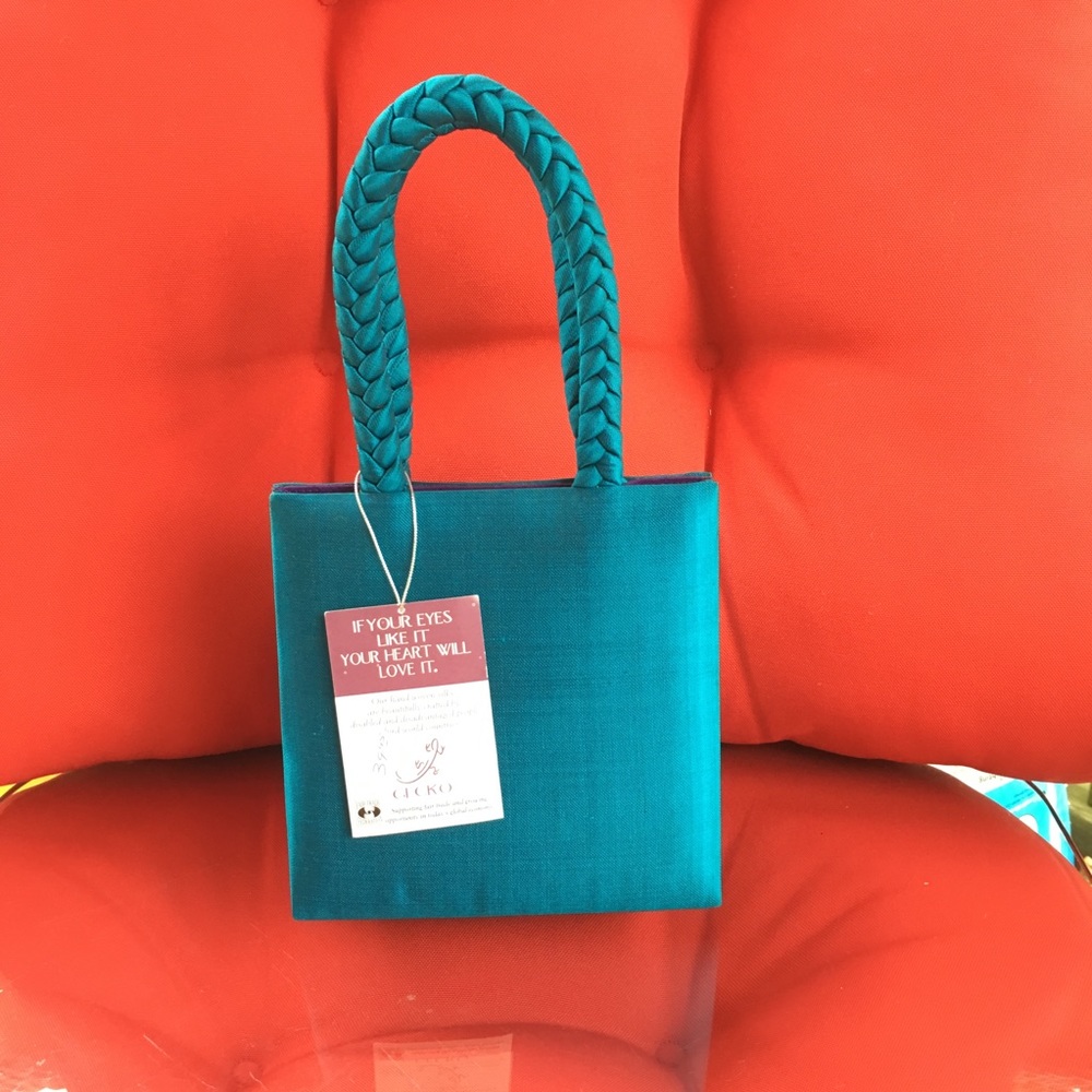 Gecko Teal blue handwoven silk small handbag.